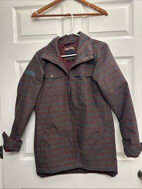 Nikita Women's Striped Button-Down Shirt Jacket in Maroon and Teal